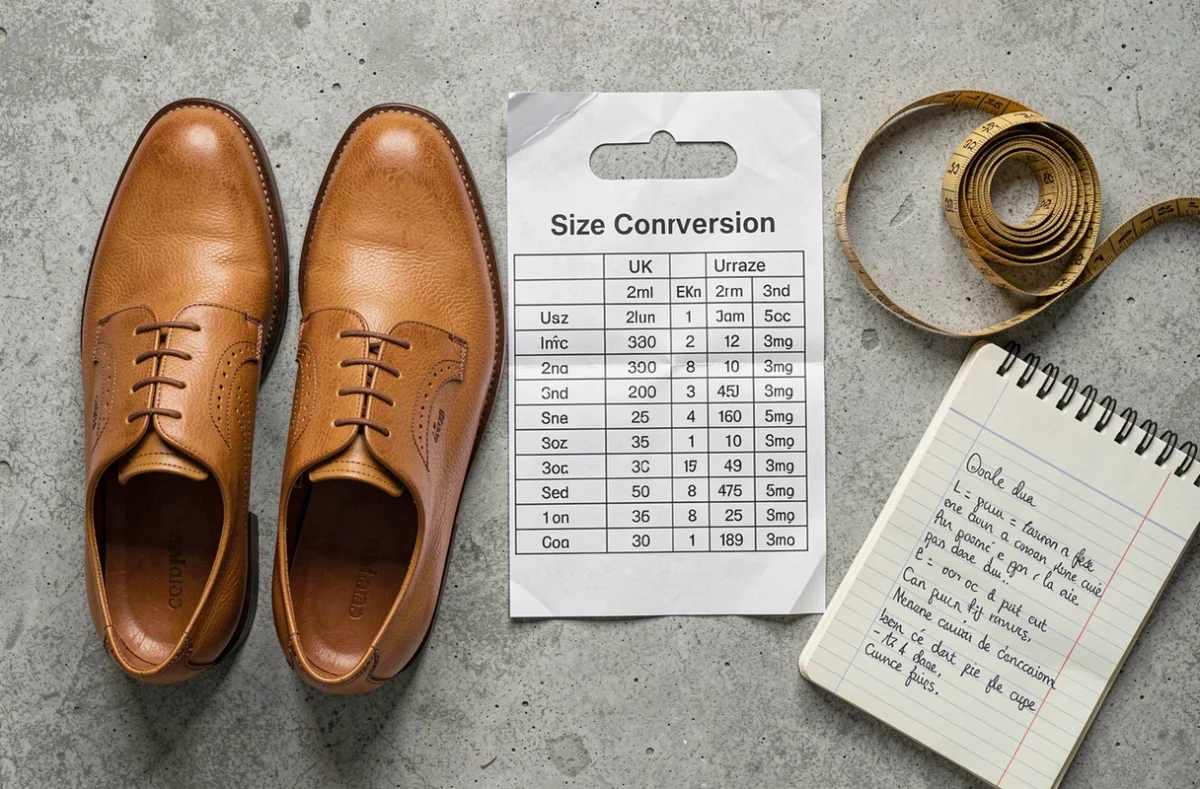 Tableau de conversion des pointures UK et européennes posé à côté de chaussures oxford britanniques sur fond béton
