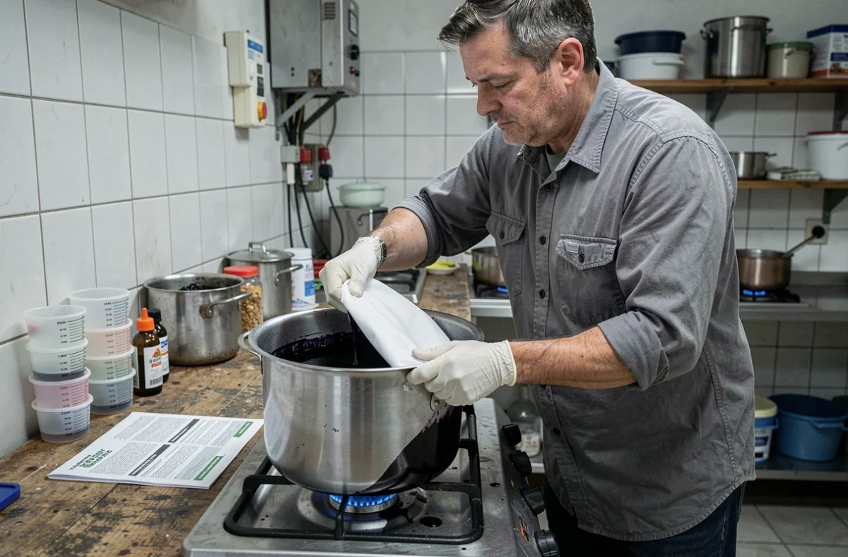 Homme teignant un tissu polyester blanc en noir dans une grande casserole avec des gants de protection dans une cuisine utilitaire