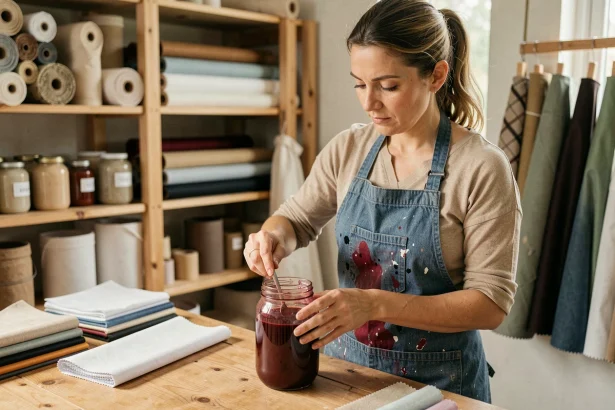 Femme artisane mélangeant de la teinture polyester rouge dans un atelier textile organisé avec des échantillons de tissus colorés