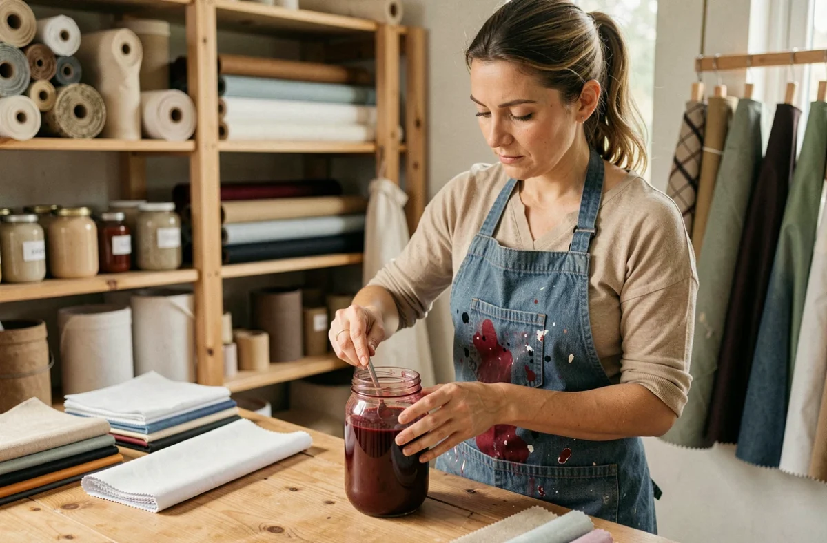Femme artisane mélangeant de la teinture polyester rouge dans un atelier textile organisé avec des échantillons de tissus colorés