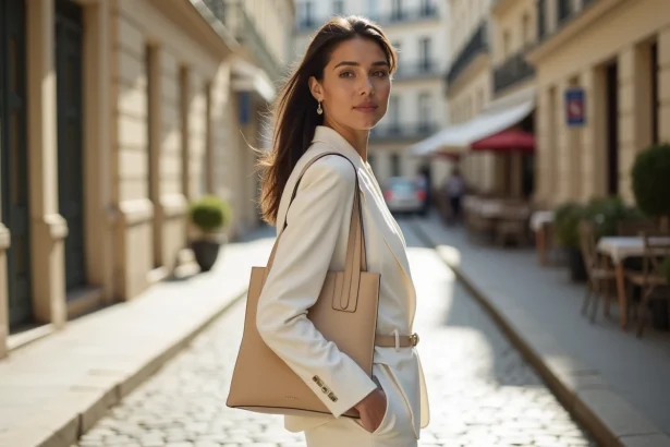 Femme élégante en tenue blanche intégrale blazer et pantalon large dans une rue parisienne