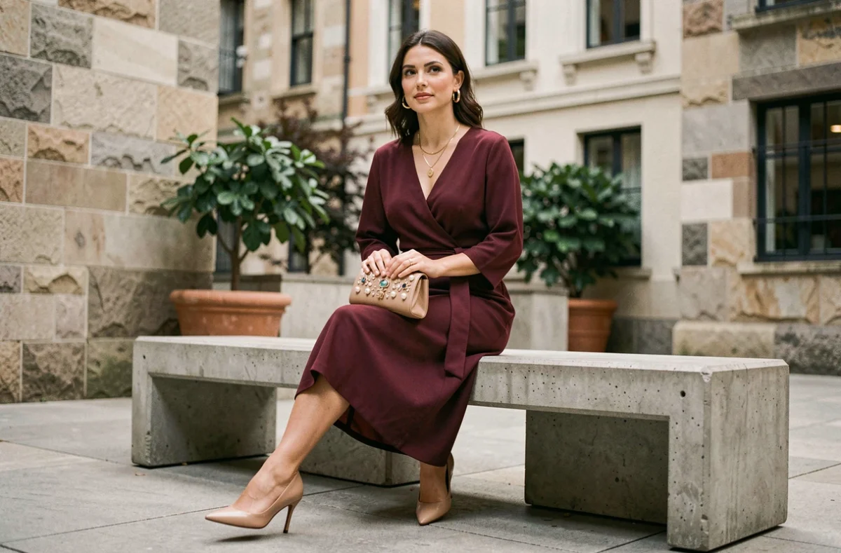 Femme assise en robe bordeaux associant chaussures nude, charm handbag à breloques et bijoux dorés dans une cour urbaine élégante