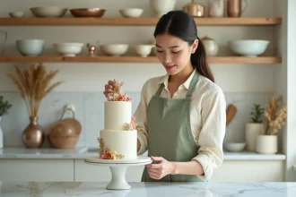 Jeune femme décorant un gâteau à étages avec des ornements en fondant peints à la main dans une cuisine au style déco scandinave