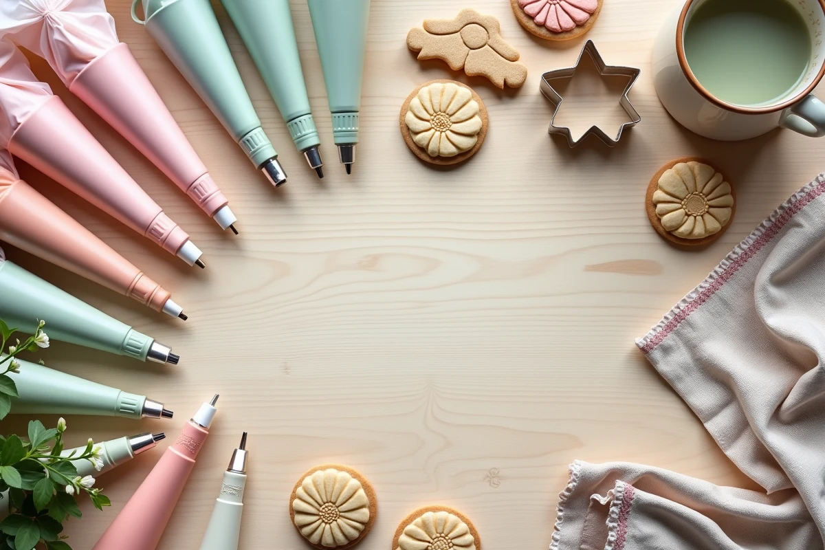Flat lay de matériel de pâtisserie créative avec cookies décorés en glaçage royal et outils de décoration artisanaux sur table en bois clair
