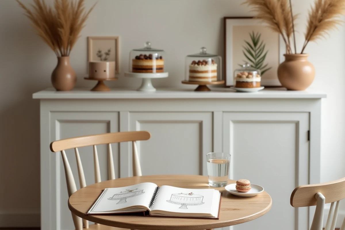 Studio de pâtisserie créative avec carnets de design, cloches à gâteaux et décoration artisanale dans un intérieur cosy et inspirant