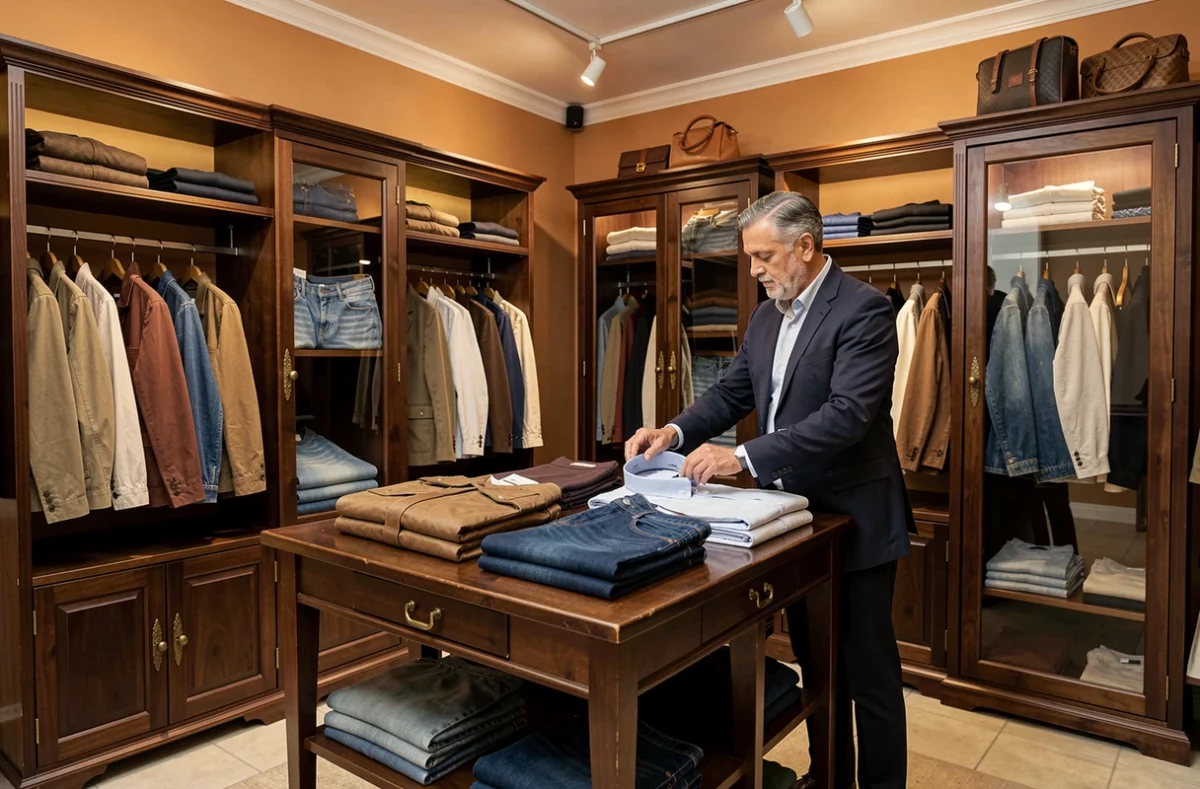 Boutique mode homme à Douai avec vestes et accessoires sur présentoirs en bois sombre