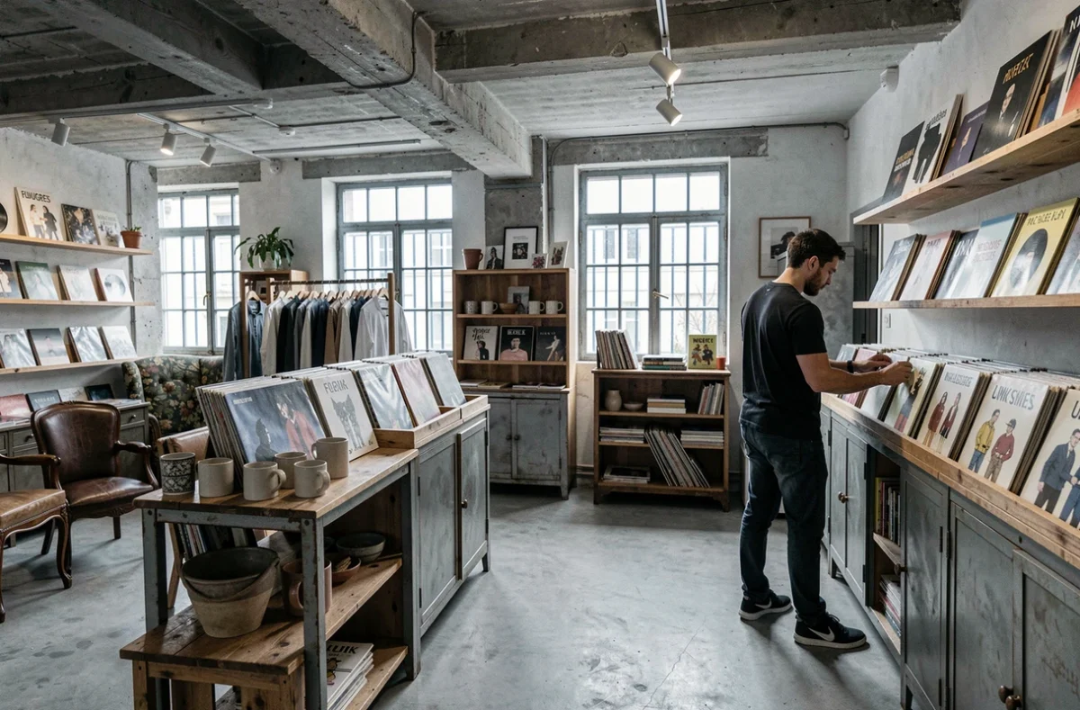Concept store Unik à Fougères mêlant mobilier vintage, mode indépendante, vinyles et céramiques faites main dans un espace industriel brut avec des étagères en bois récupéré et des fenêtres en fer forgé