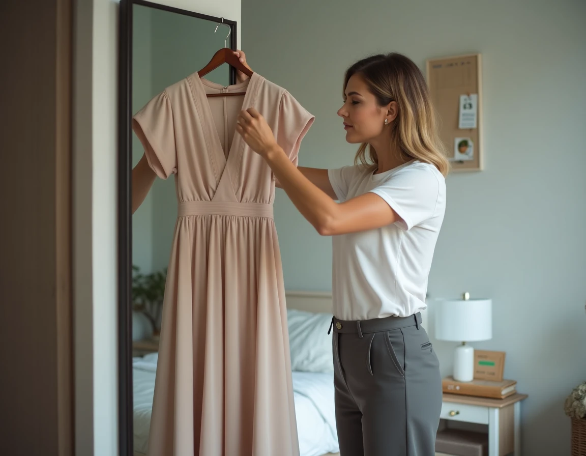 Femme vérifiant une robe reçue par livraison avant un événement important