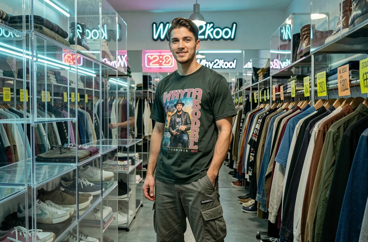Jeune homme en tenue streetwear Y2K dans la boutique Why2Kool à Marseille, entouré de décors aux accents futuristes des années 2000