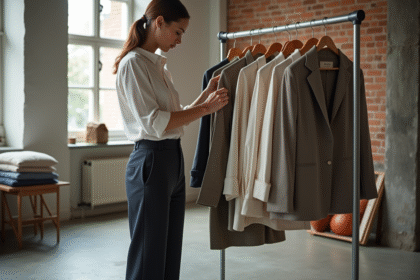 Femme stylée organisant sa garde-robe capsule dans un loft moderne